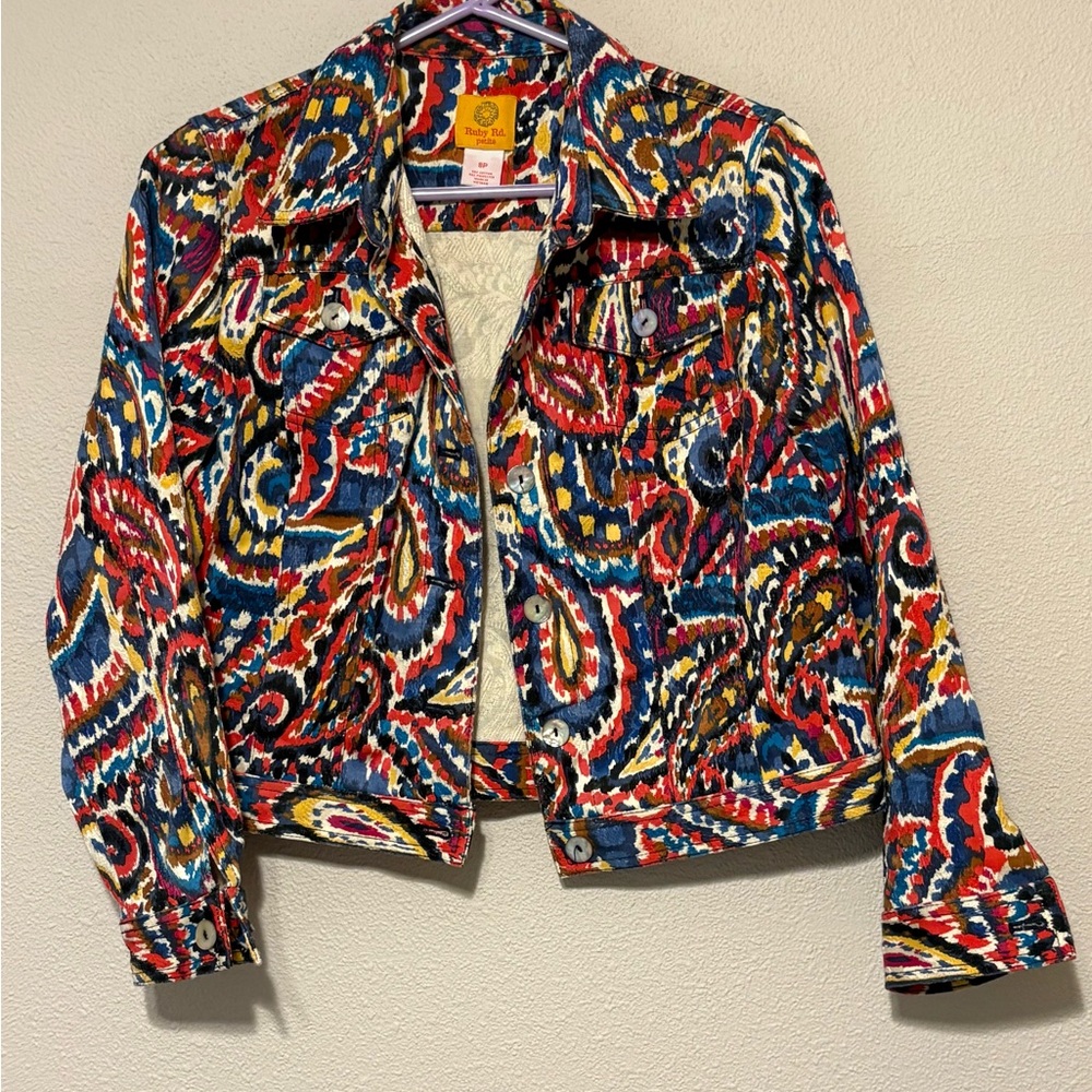 Ruby Rd. Cropped Multicolor Paisley Jean Jacket